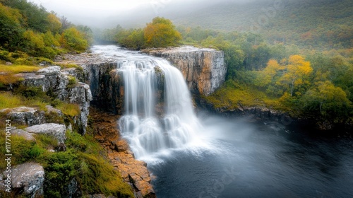 The picturesque scene features an impressive waterfall cascading gracefully down a rugged cliff, surrounded by lush greenery and rugged rocks jutting out from the earth.