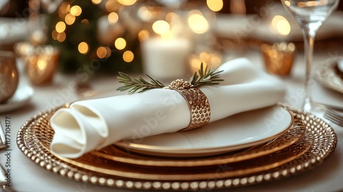 Elegant table setting for a festive dinner with candles and twinkling lights ...