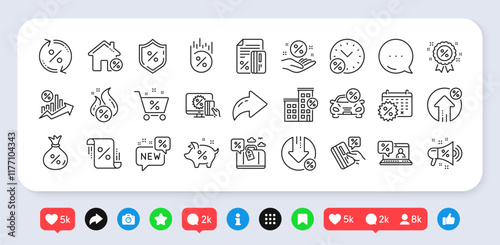 Loan line icons. Social media: share, comment, like icons. Set of Interest rate, Investment and Percentage diagram linear icons. Car leasing, analytics plan, Credit card percent and loan rate. Vector