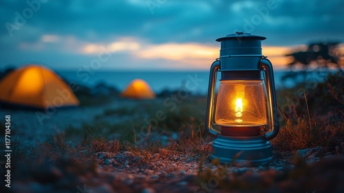 Cozy lantern lighting the shore by a peaceful lake at dusk near a camping tent