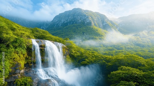 The waterfall cascades down the rocky mountain face, sending a veil of mist and the sound of rushing water throughout the lush forest.