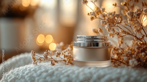 Gentle beauty cream beside dried flowers on cozy knitted fabric with soft lig...