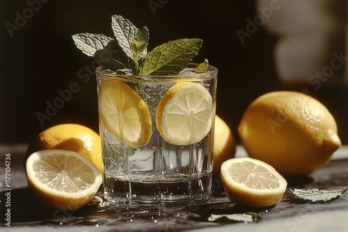 Refreshing citrus drink with mint leaves and lemon slices in a glass