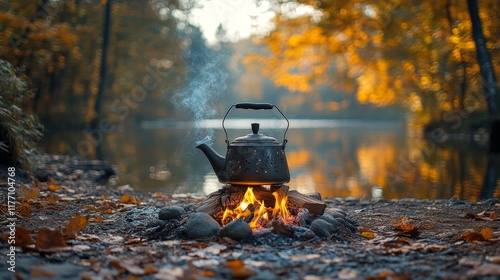 Rustic kettle boiling over a campfire near a serene lake surrounded by autumn foliage photo