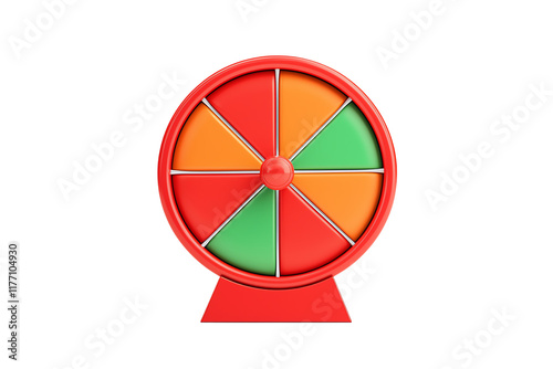 A colorful spinning wheel divided into segments of orange, green, and yellow, designed for games of chance or decision-making.