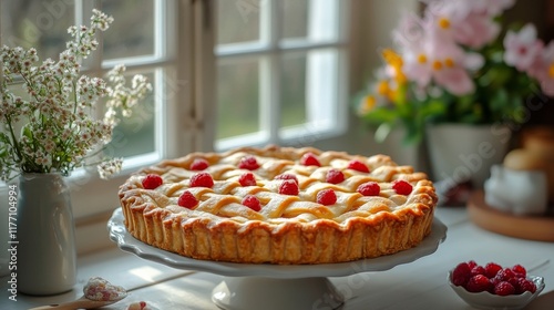 Homemade apple pie cooling on a windowsill with blooming flowers in a cozy ki...