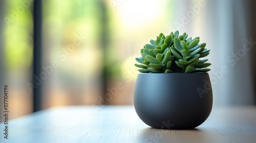Attractive succulent plant in a modern black pot positioned on a bright woode...