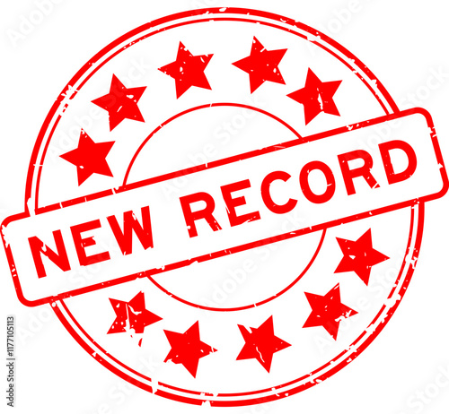 Grunge red new record word round rubber seal stamp on white background