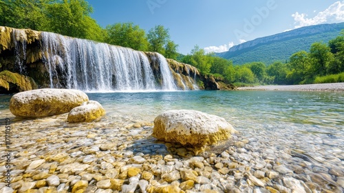 The waterfall on the Trebizat River in Bosnia and Herzegovina is a stunning natural wonder, cascading down a series of limestone cliffs into a crystal clear pool below photo