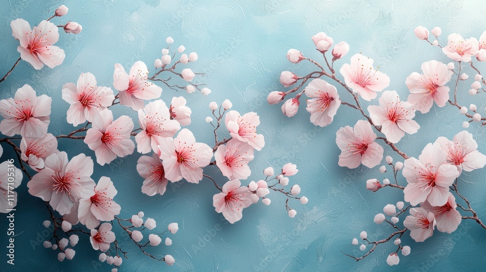 Obraz premium Pink cherry blossoms on branches against a textured blue background, ideal for wall murals