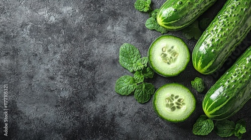 Sliced cucumbers on stone, with herbs nearby, illuminated by bright natural l...