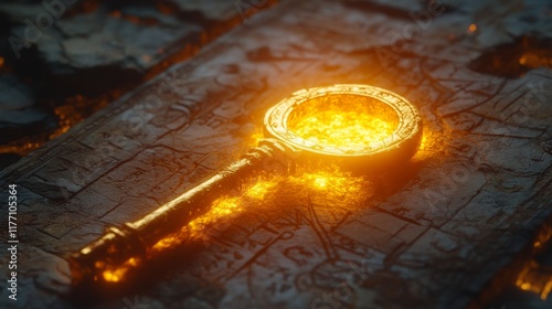 Mystical golden key on ancient stone with glowing inscriptions in a dark setting