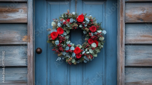 Colorful floral wreath hanging on a blue wooden door in a rustic setting