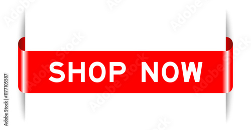 Red color inserted label banner with word shop now on white background