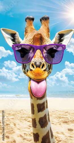 Giraffe in sunglasses summer background
 photo