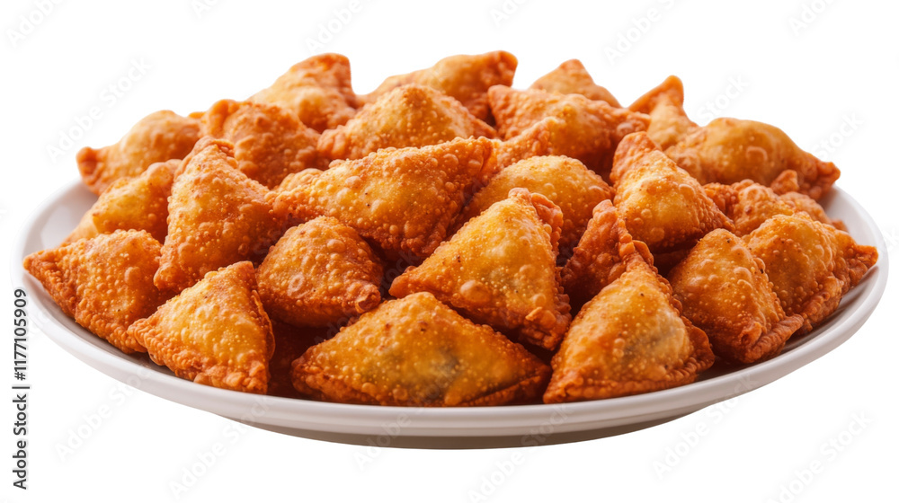Close-up of a plate filled with flavorful samosas, isolated on transparent background Close-up of a plate filled with flavorful samosas, isolated on transparent background