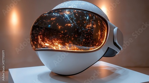 Futuristic technology display featuring a sleek virtual reality headset in a ...