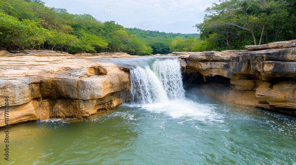 Naklejka premium The deep forest waterfall in Kanchanaburi cascades down layers of rock, surrounded by lush green vegetation, creating a serene and breathtaking natural oasis.