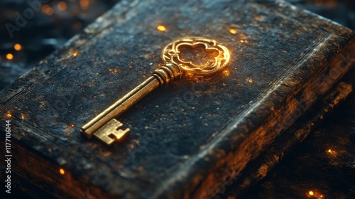 Mystical golden key resting on an ancient book surrounded by glowing particle...