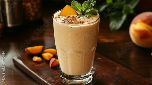 Refreshing mango smoothie garnished with mint leaves and diced mango