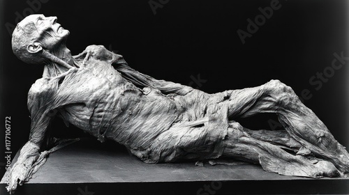 Reclining emaciated figure sculpture, dark background, art museum display