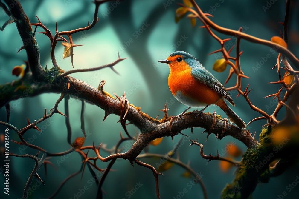 A vibrant bird perched on a twisted branch in a misty forest. A vibrant bird perched on a twisted branch in a misty forest.