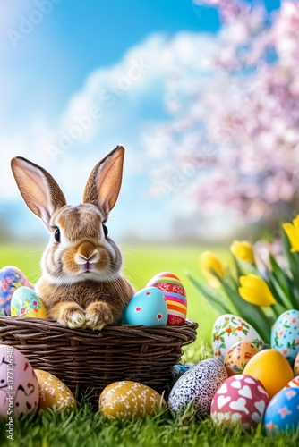 Obraz na płótnie Easter bunny in basket with Easter eggs greeting card portrait format with copyspace copy space w salonie