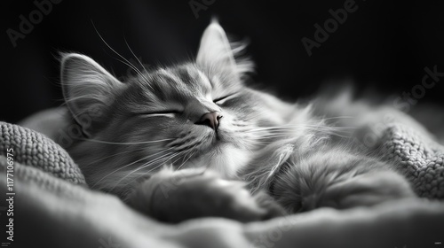 Fluffy cat peacefully sleeping on cozy blanket in soft light setting