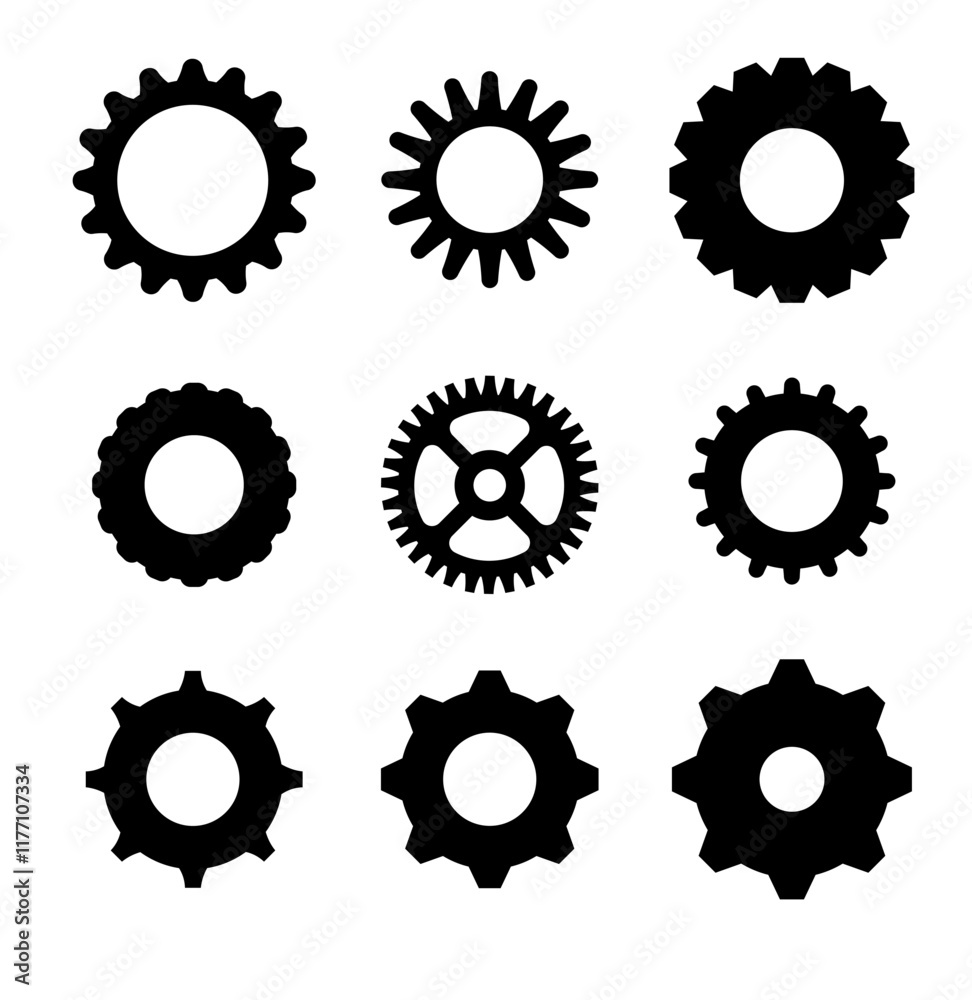 Gears shapes line icons. Flat machine gear icon. Wheel cogwheel vector. Simple outline isolated elements. Black gear. Gears shapes line icons. Flat machine gear icon. Wheel cogwheel vector. Simple outline isolated elements. Black gear.
