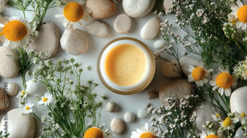 Fresh natural yogurt topped with herbs and flowers arranged on a light surfac...