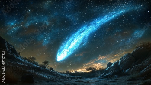 Bright blue comet streaks across a starry sky in a serene night landscape