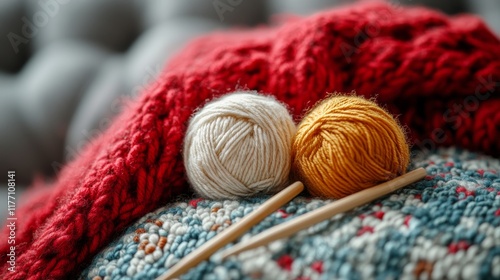 Soft white yarn balls and knitting needles arranged on a cozy knitted blanket...