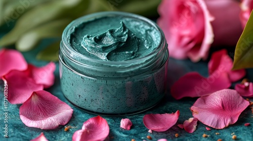 Natural skin care product with rose petals on textured background