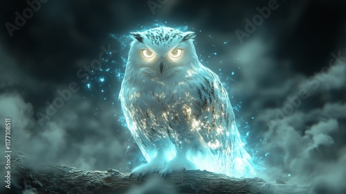 Owl perched on a snowy branch with glowing orange eyes in a winter landscape ...