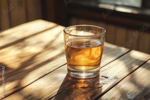 Warm evening light reflecting off a glass of amber drink on a wooden table by...