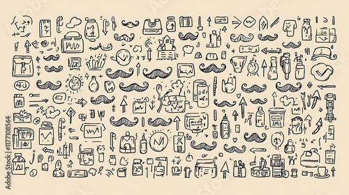 Hand-drawn icons, arrows, mustaches; beige background; design resource.