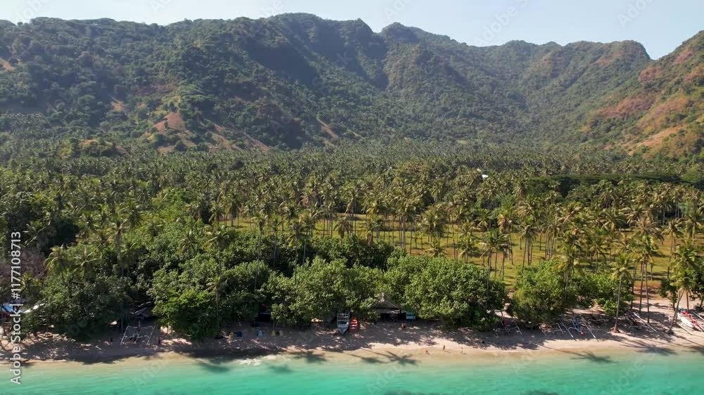 4K Drone Video moving backwards revealing Palm Trees, Lush Mountain Landscapes, white sand beach and blue clear ocean at Nipah Beach in Senggigi, Lombok Indonesia 4K Drone Video moving backwards revealing Palm Trees, Lush Mountain Landscapes, white sand beach and blue clear ocean at Nipah Beach in Senggigi, Lombok Indonesia