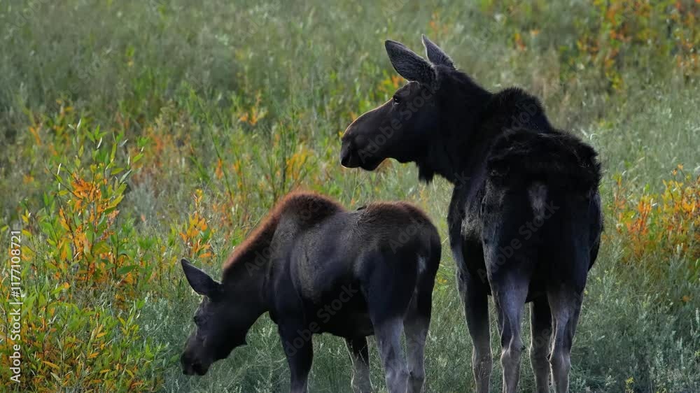 Cow moose with eating calf moose in Grand Teton National Park. Cow moose with eating calf moose in Grand Teton National Park.
