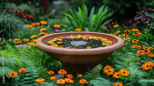 Serene garden water feature surrounded by vibrant orange flowers at midday