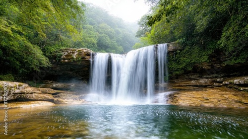 The waterfall, surrounded by lush green vegetation, cascades down a series of natural rock formations creating a serene and picturesque setting in the rainforest