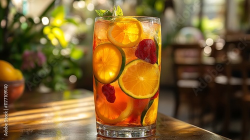 Refreshing drink served in a glass with ice and citrus fruits at a sunny outd...