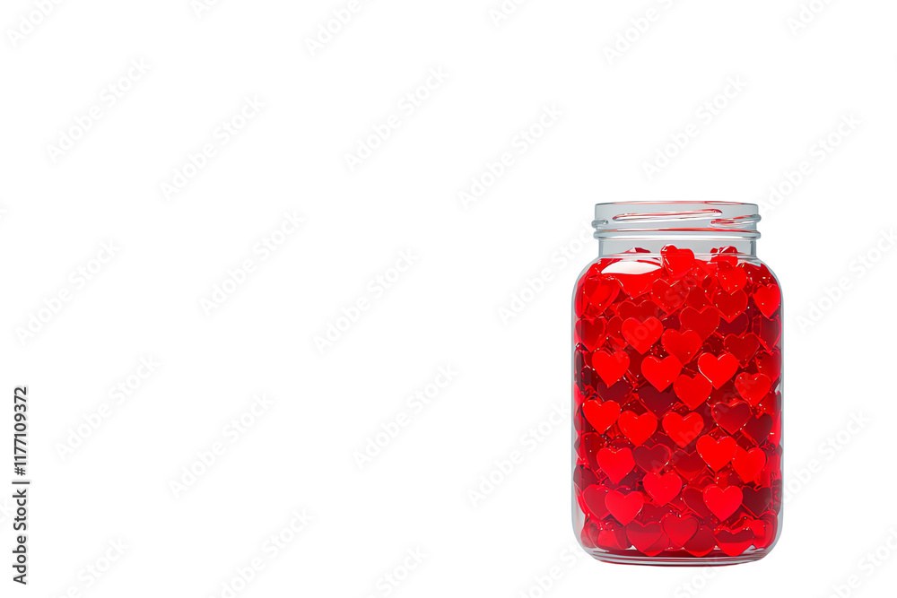 A jar filled with red heart-shaped candies. A jar filled with red heart-shaped candies.