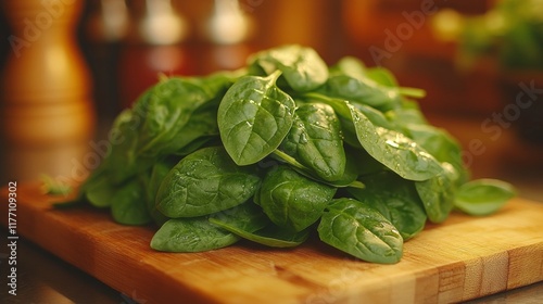 Freshly harvested spinach placed on a wooden cutting board indoors during bri...