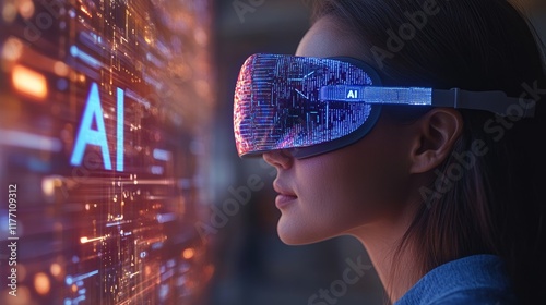 Exploring AI. Immersed woman in VR headset, AI inscription on futuristic glowing interface. photo