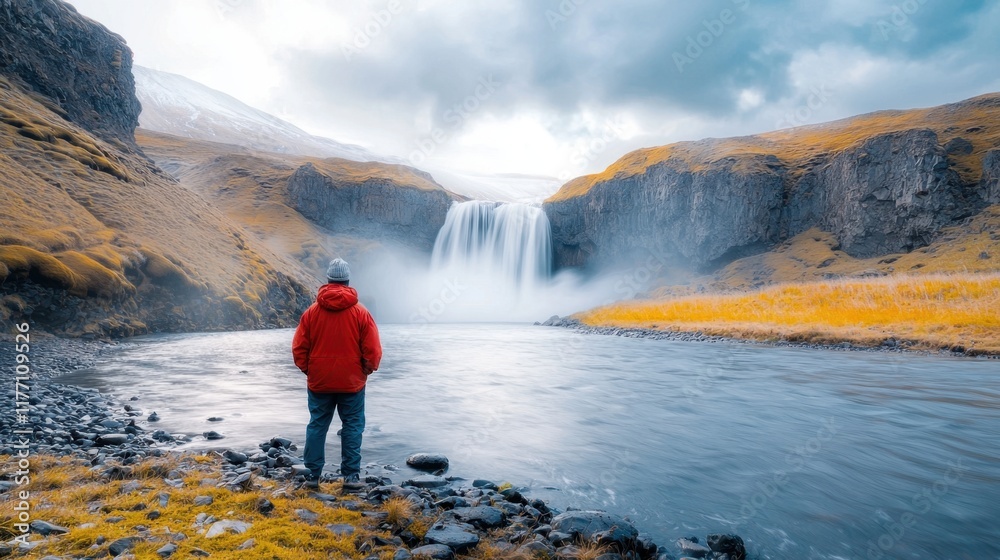 Obraz premium The gentle, prolonged exposure of the camera shutter resulted in a smooth, dream like effect on the cascading water at Aldeyjarfoss waterfall, creating a mesmerizing and ethereal scene.