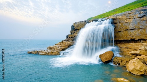 The waterfall cascaded down the rocky cliffs, illuminated by the soft moonlight, creating a mesmerizing display of shimmering water droplets reflecting the night sky.