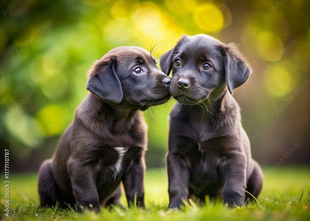 Adorable Black Puppies Playing Together - Cute Dog Stock Photo Adorable Black Puppies Playing Together - Cute Dog Stock Photo