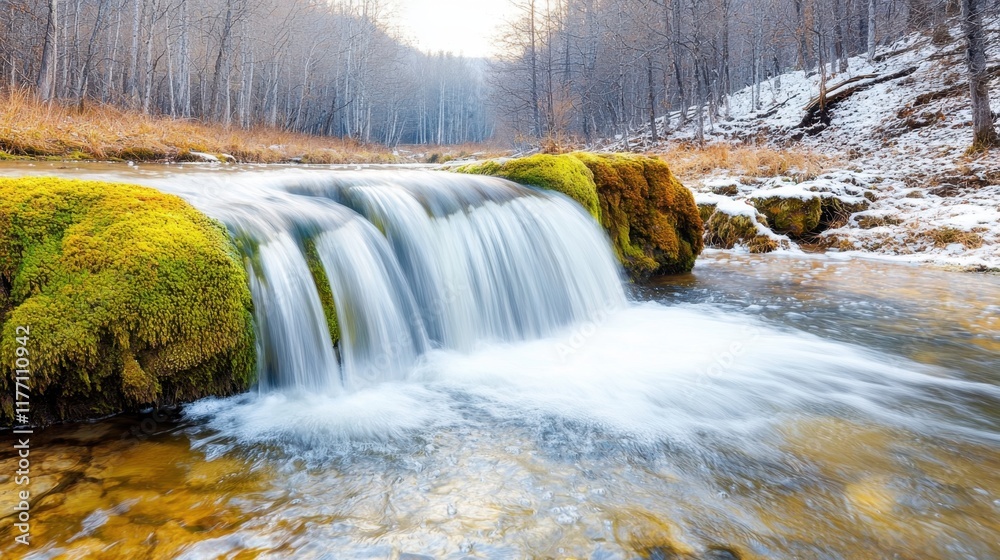 The waterfall cascades gracefully over the moss covered rocks, creating a soothing symphony of rushing water among the tranquil, sun dappled forest. The waterfall cascades gracefully over the moss covered rocks, creating a soothing symphony of rushing water among the tranquil, sun dappled forest.