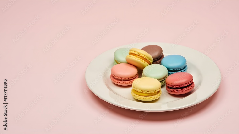Obraz premium A plate of colorful macarons arranged neatly on a pastel pink background, creating a minimalist and elegant dessert presentation perfect for parties, celebrations, or sweet indulgence.