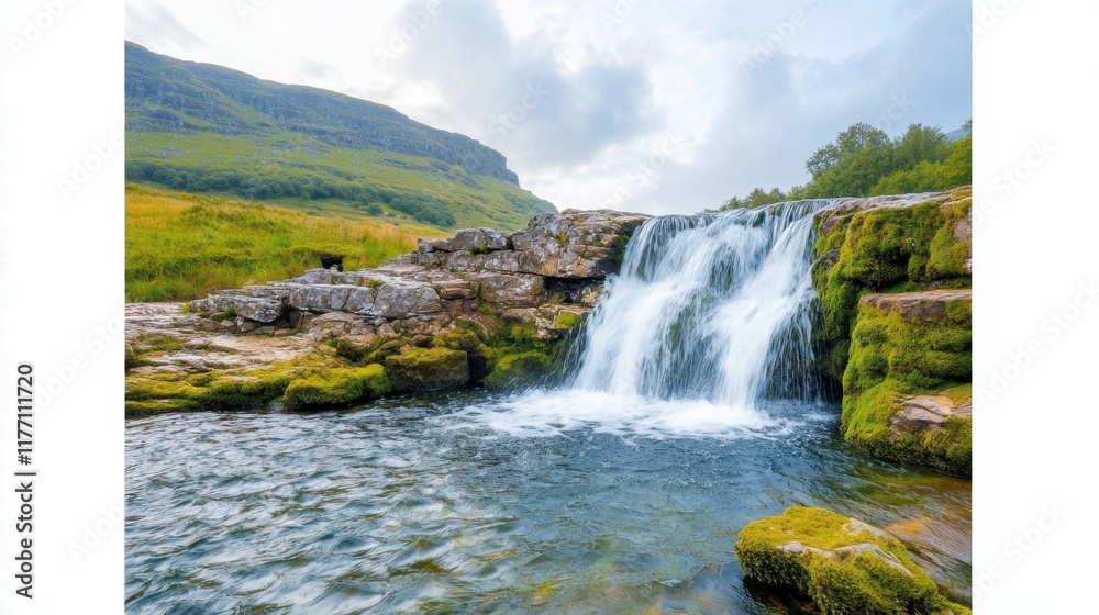 Fototapeta premium The waterfall in the Lake District of Cumbria cascades over rugged, moss covered rocks, sending a mesmerizing spray of crystal clear water into a tranquil pool below